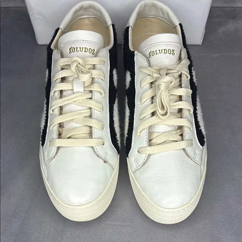 Soludos Women’s Cow Print Leather Sneakers Black White Size 10 Casual Shoes